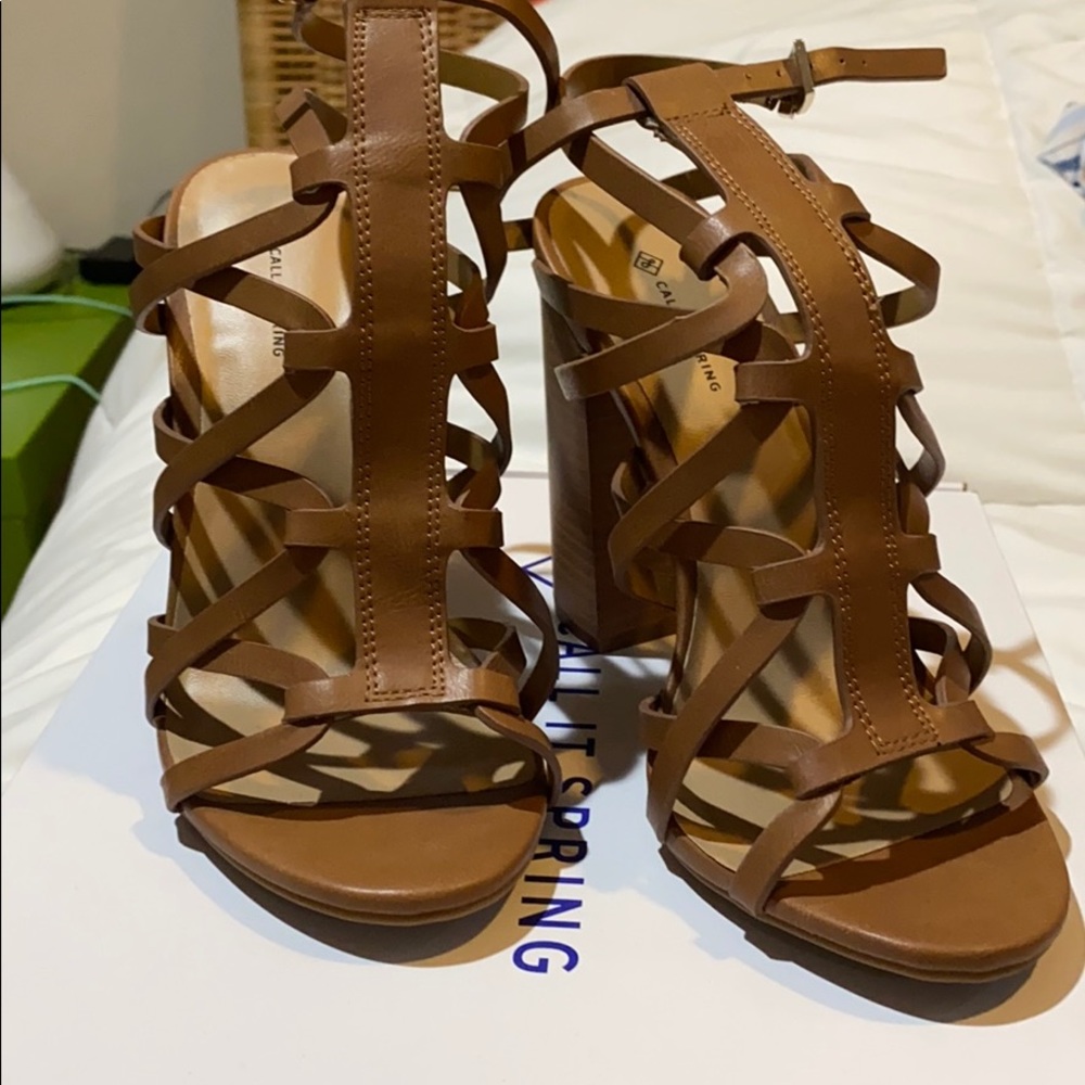 Call It Spring Kedirassa Strappy Camel Block Heels